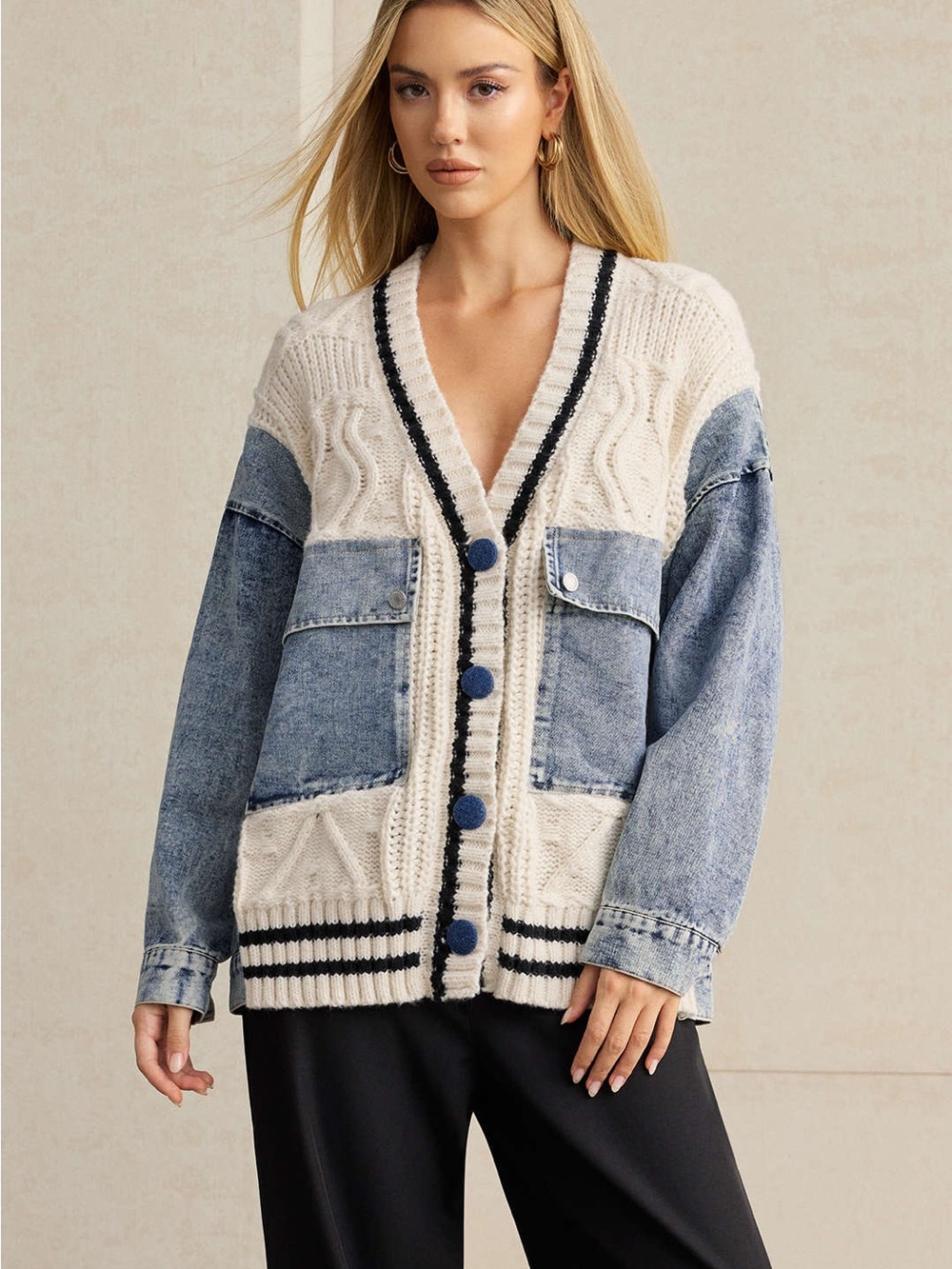 The Micas Denim Patchwork Knit Outerwear jacket sweater oversized
